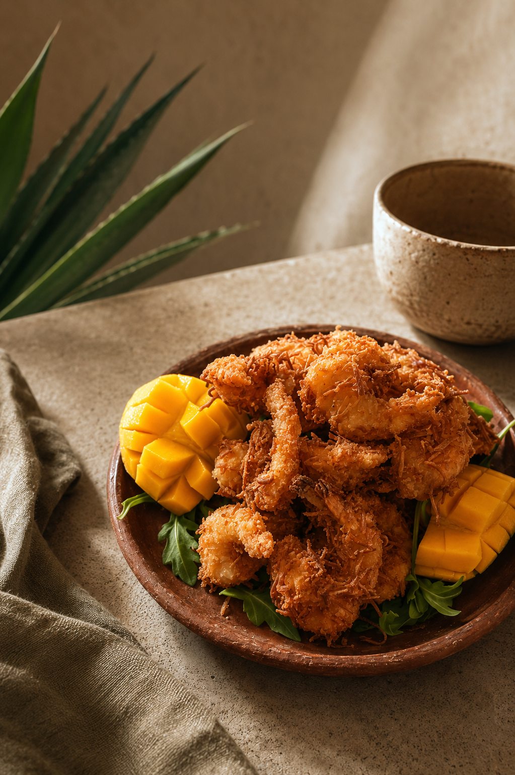 Crisp coconut shrimp served with fresh mango on a rustic clay plate