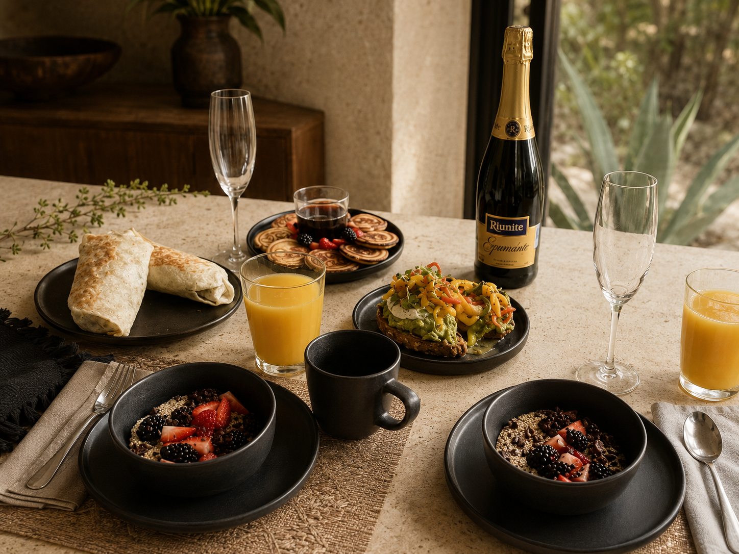 A gourmet breakfast table set with juices, chilaquiles, fruit and sparkling wine