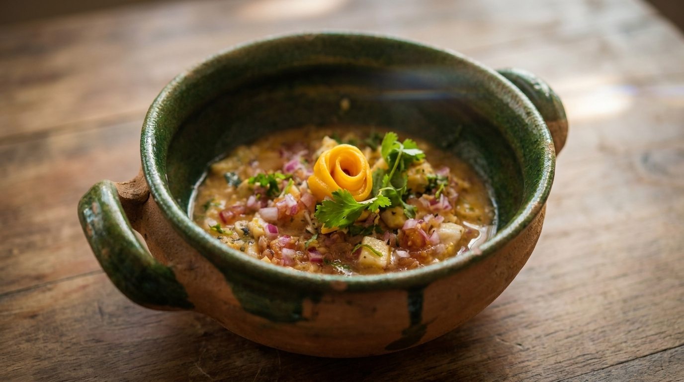 Ceviche in a green-glazed clay bowl