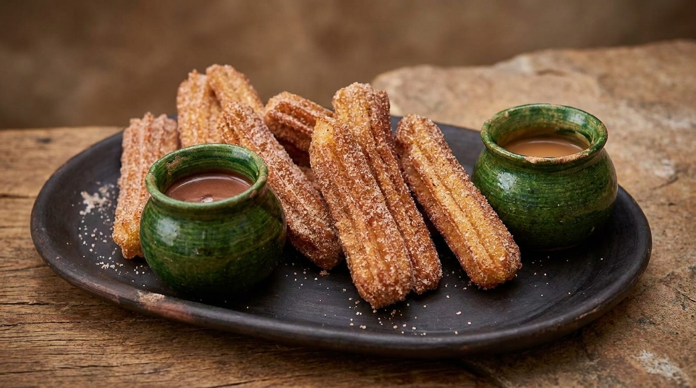Churros with chocolate and cajeta in clay cups