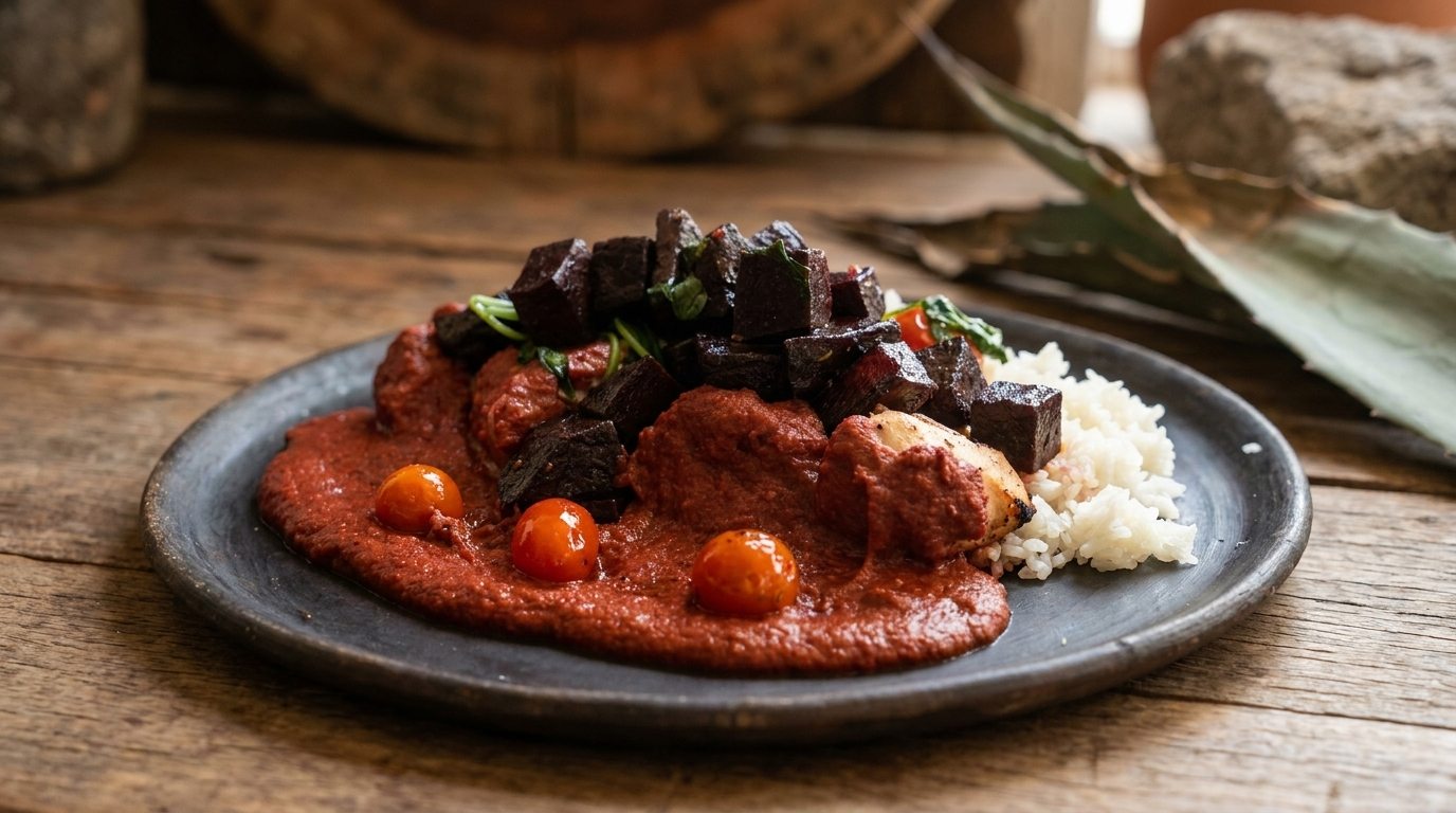 Mole with rice and roasted cherry tomatoes