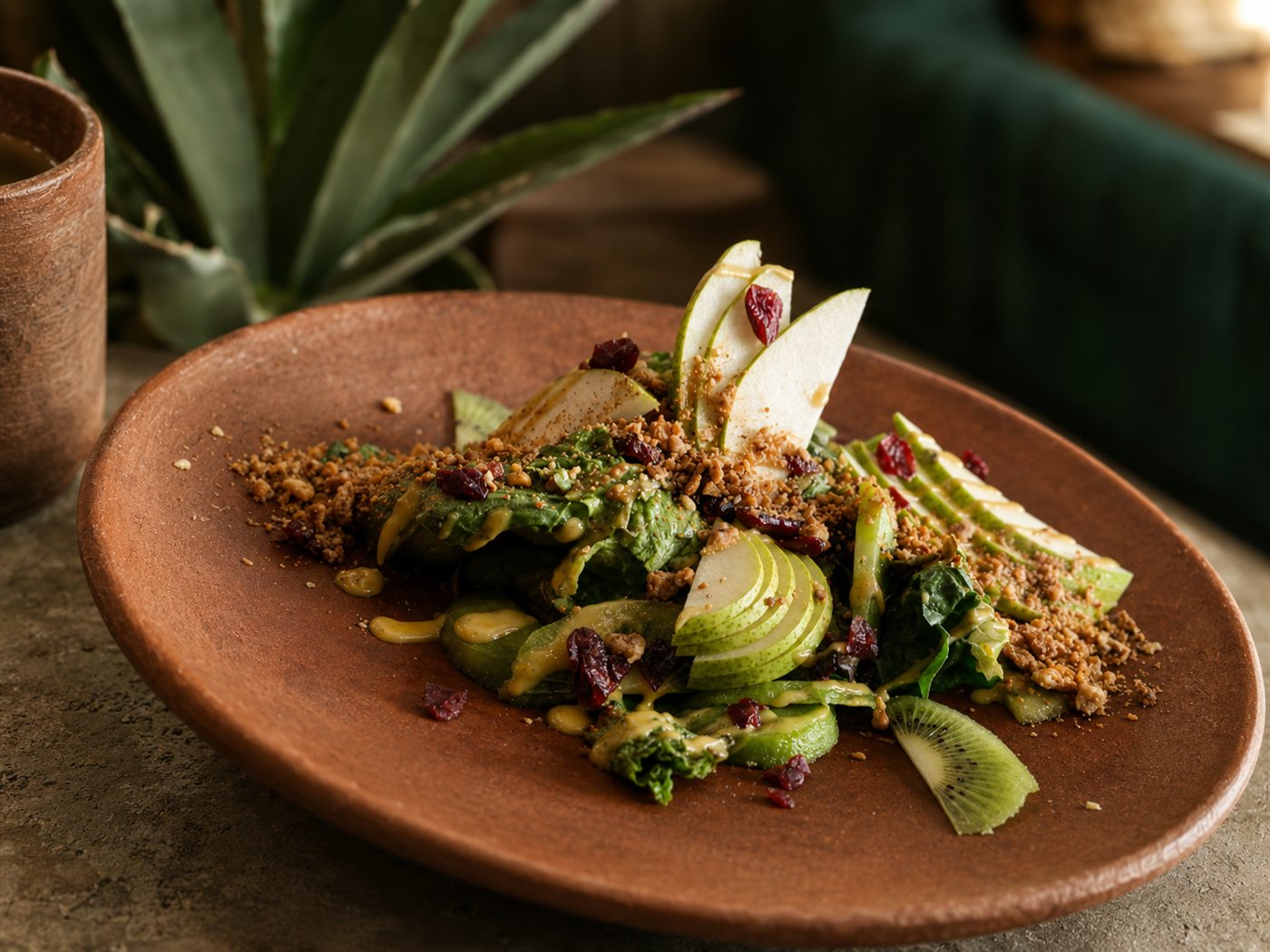 Avocado, pear and greens salad on a terracotta plate