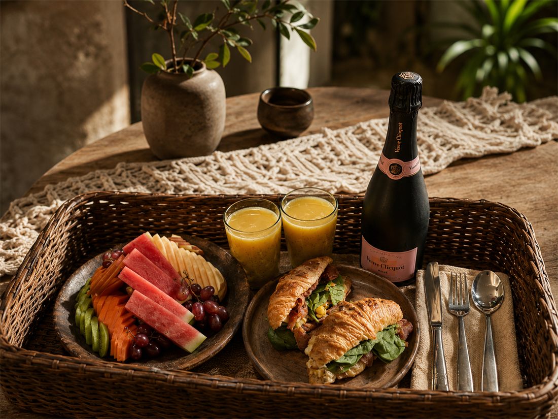 Canasta de desayuno con fruta, jugos y champagne