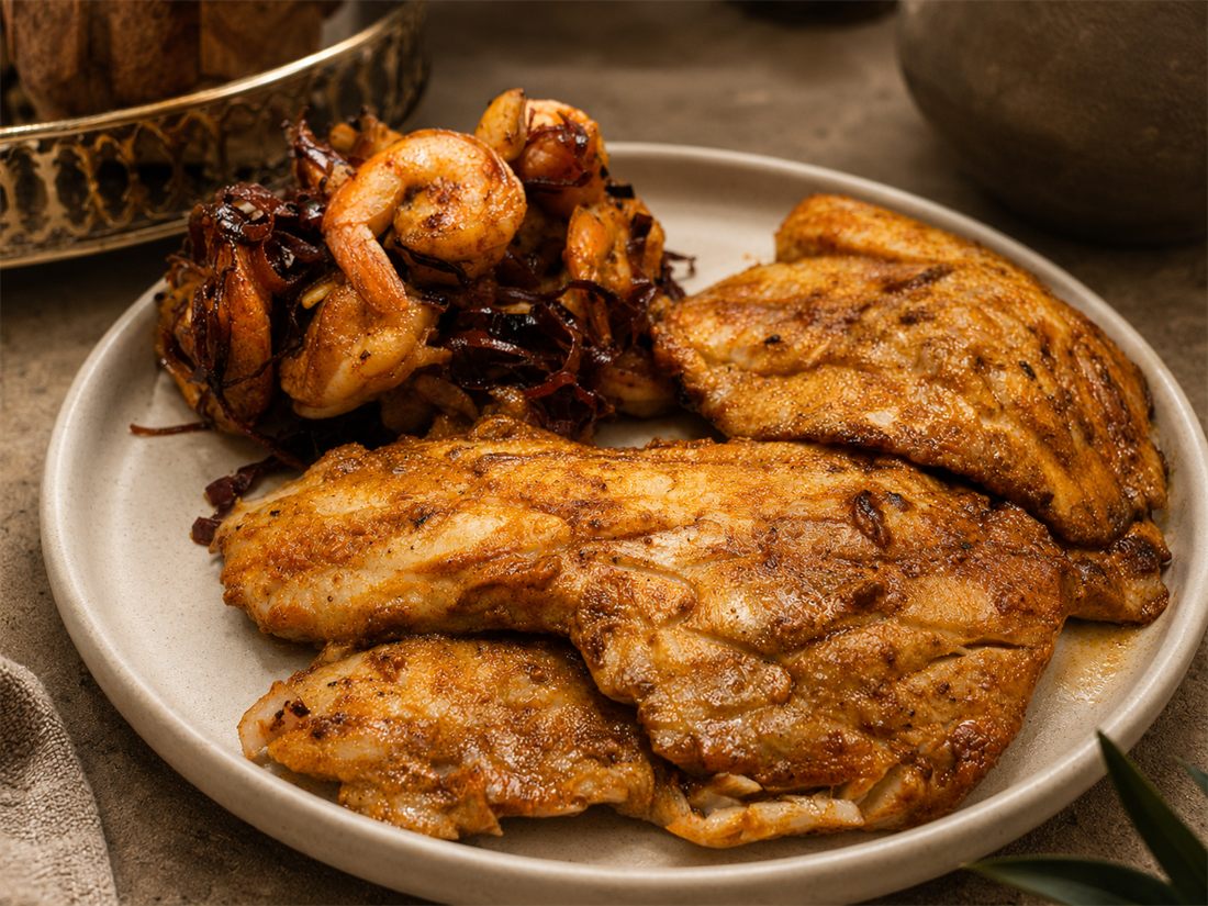 Pescado a la parrilla con camarones y cebolla caramelizada
