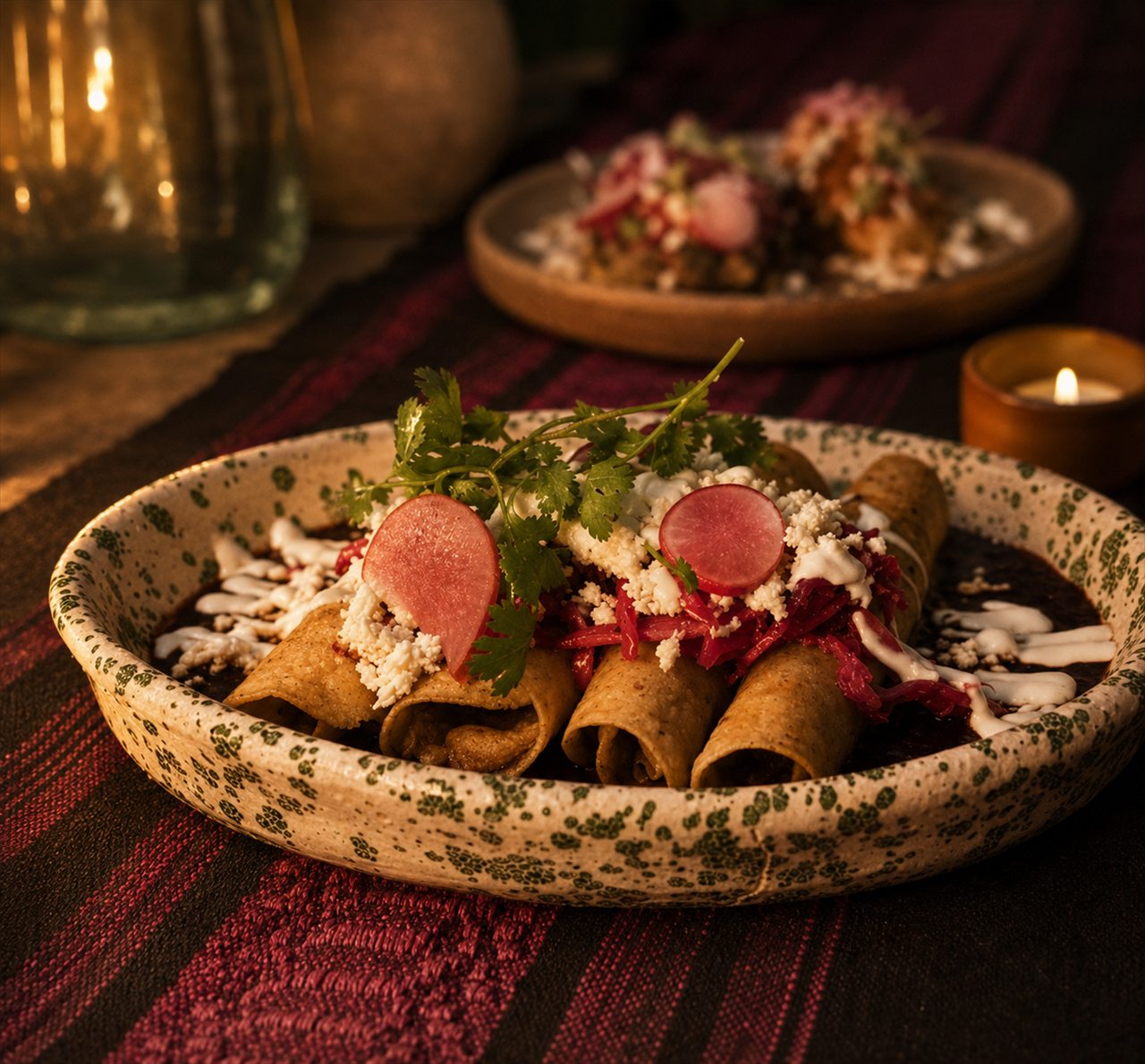 Flautas con crema y queso a la luz de las velas