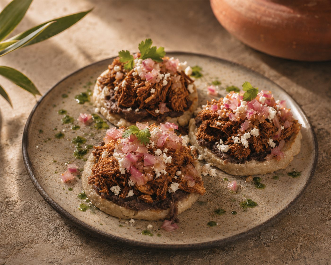 Sopes de barbacoa con cebolla morada