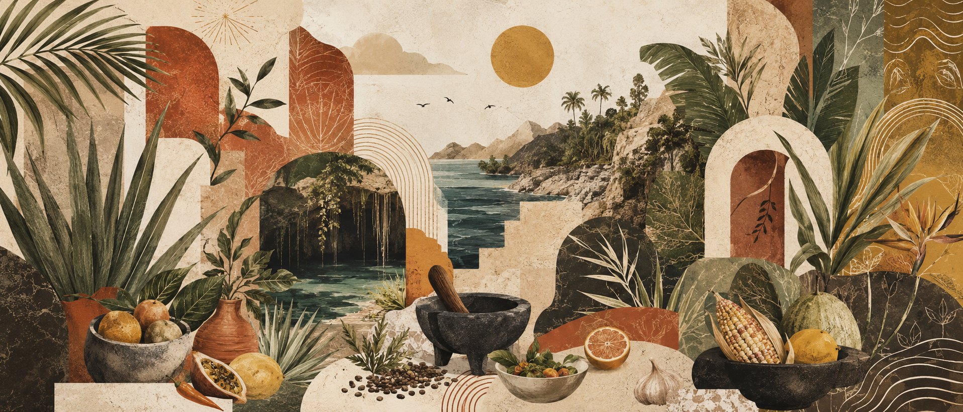 Ilustración de la cocina mexicana de raíz: ingredientes locales, barro y mar — el universo de Chef Barbara