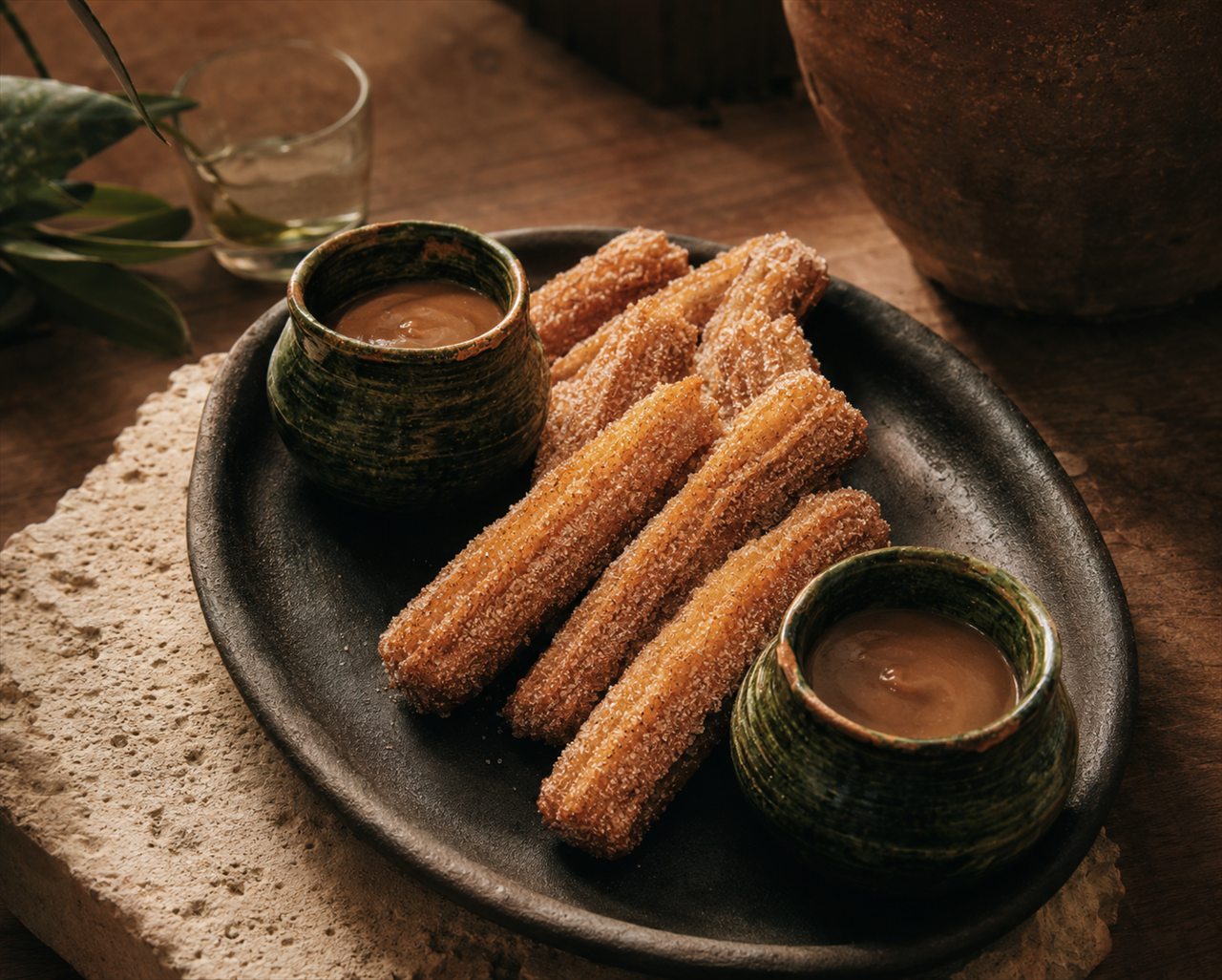 Flautas crujientes sobre plato oscuro con dip