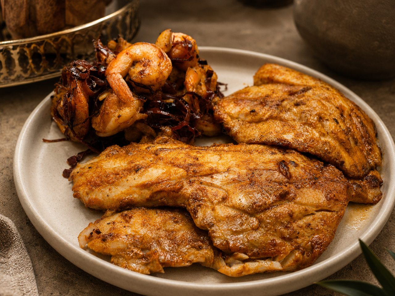 Pescado y pollo fritos con plátano