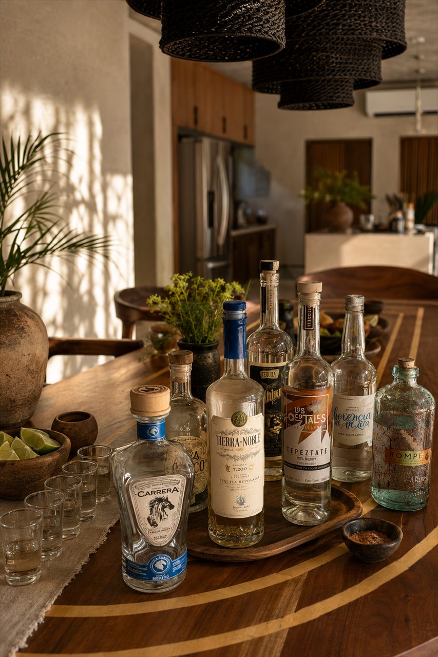 Selección de botellas de mezcal y tequila en barra de madera